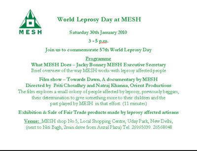Your Invitatation to mark World Leprosy Day in MESH on Saturday 30th January 2010