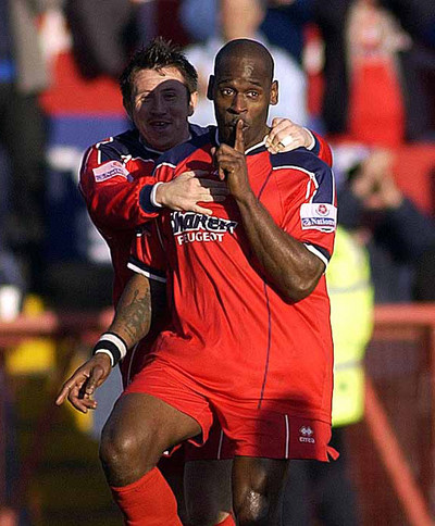 Aldershot's Leroy Griffiths celebrates scoring