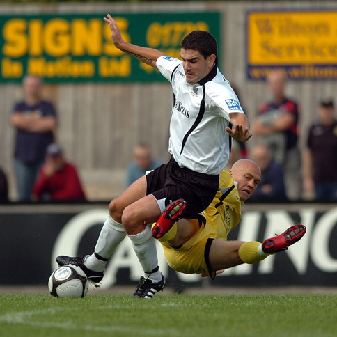 Flying tackle from Thurgood of Grays Athletic against Michael Fowler Salisbury City - BS Premier August 08