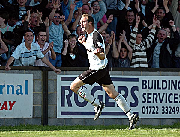Salisbury City's Robbie Williams celebrates the deciding goal against Bishops Stortford in the Conference South PlayOff Semifinal - May 5th