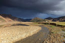 03D-4743 Storm Clouds over the Barmur Rhyolite Mountains Next to the River Jokulgilskvisl at Landmannalaugar in the Fjallabak Area of Iceland.