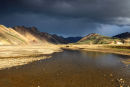 03D-4755 Storm Clouds over the Barmur Rhyolite Mountains with Icelandic Sheep Next to the River Jokulgilskvisl at Landmannalaugar in the Fjallabak Area of Iceland.