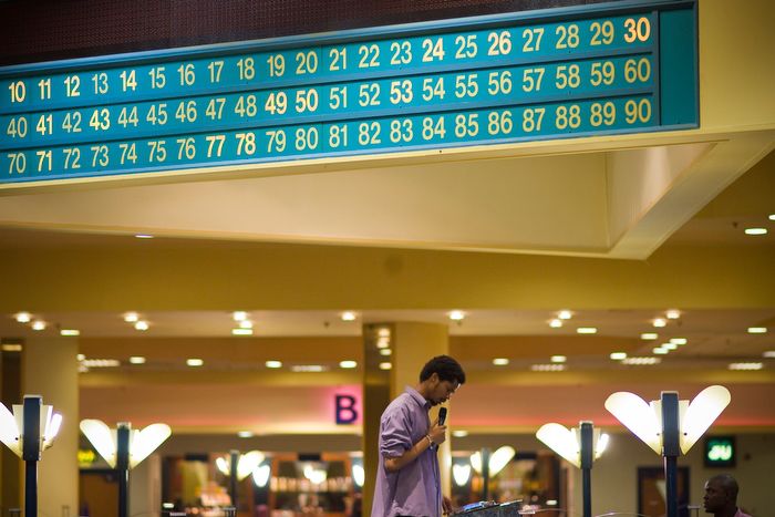 A bingo caller at work in Mecca Bingo, Wandsworth, south London 