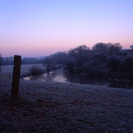 Frosty morning river with geese