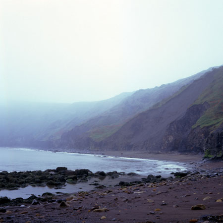 Misty morning beach with dog walker
