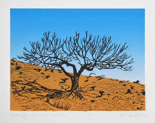 Lino print of winter scene on the Contraviesa in the Alpujarra, Granada.