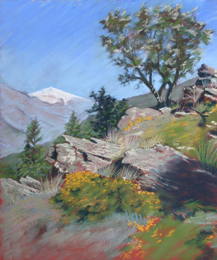 Plein air pastel painting of the valley of Trevelez, Sierra Nevada, Spain