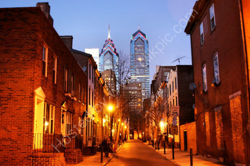 Philadelphia alley with skyscrapers