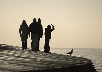 Boy and seagull on The Cobb at Lyme Regis