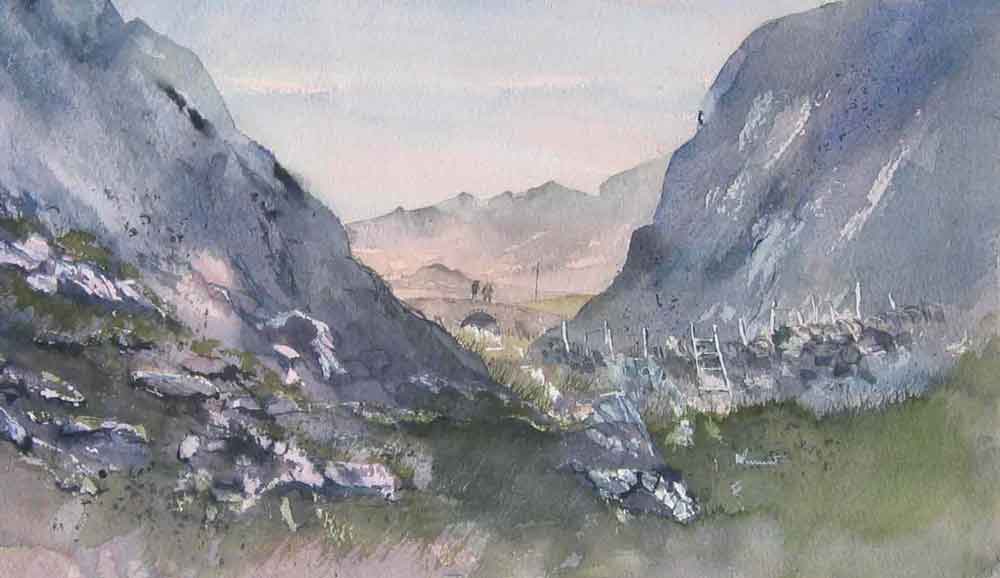 238 North Wales - Meeting on the Bridge. 45x27cm SOLD