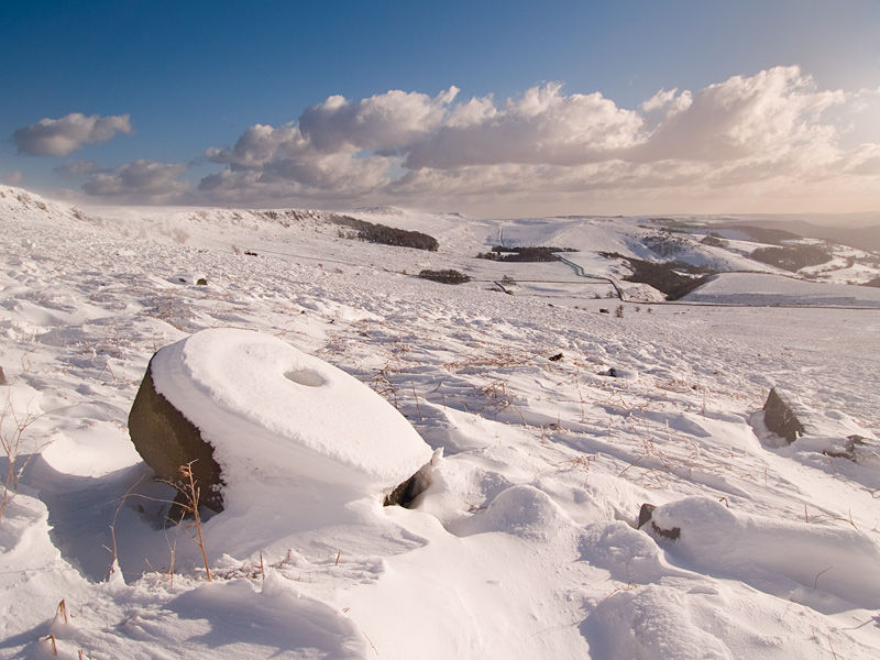 Snow covered Millstone on Stanage Edge.