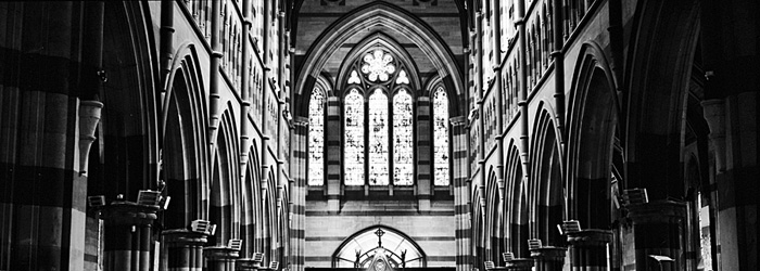 St. Paul's Cathedral, Melbourne, Australia. XPan II; Fujinon 45mm lens; Ilford XP2 Super @ 400asa. Consistent with Fujinon's reputation for excellent medium and large format lenses, this lens' equivalent angle of view of 25mm in the panoramic mode is very versatile. Its tonality, low distortion and high resolution are outstanding.